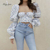 Kayotuas Elegant ผู้หญิงพัฟแขนเสื้อแฟชั่นคอ Lace-Up Crop Tops Chic Flowes เข้ารูปพอดีเสื้อ