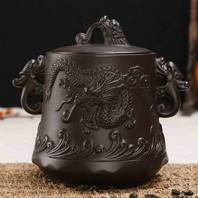 Dehua Coarse Ceramic Tea Pot Yixing Tea Storage Pot Retro Relief Dragon Phoenix Ceramic Sealing Jar Tea Tank C