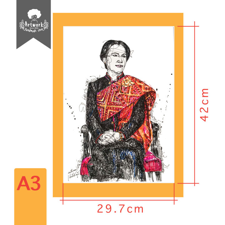 ภาพวาดพระพันปีหลวง-สิริกิต-lz-k007-ภาพวาดลายเส้นปากกาหมึกซึมสีดำผสม-ปากกาสี-งานปริ้นท์เลเซอร์