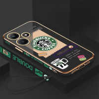 เคสเคสมือถือสำหรับ Infinix 30i ร้อน/X669มีฟรีสายคล้อง + โลโก้ Starbucks แฟชั่นเคสขอบสี่เหลี่ยมชุบเคลือบฝาหลังนิ่ม