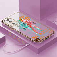 GGK เคสสำหรับ Honor 90 5G 90 Lite 5G ฟรีสายคล้องการ์ตูนนักบินอวกาศลวดลายขอบสี่เหลี่ยมเคสโทรศัพท์ชุบหรูหราเคสโทรศัพท์นิ่ม