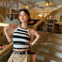 SEZO ผู้หญิงสไตล์เกาหลีสั้นลายถัก Halterneck Camisole สำหรับผู้หญิง