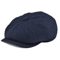 【อเนกประสงค์】 BOTVELA Wool Tweed NavyHerringbone Newsboy Cap Men 8-Quarter Panel Cabbie Flat Caps WomenBeret Hat