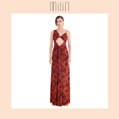 [MILIN] Front draped and cutout detail V neck sleeveless ruched printed long dress เดรสยาวพิมพ์ลายคอวีแต่งรูดดีเทล เดรปด้านหน้าและคัทเอาท์ / Opuntia Dress