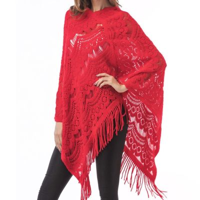 Women Hollow Out Crochet Batwing Sweater Cape Pullover Knitted Shawl Scarf Solid Color Tassels Asymmetric Poncho Wrap