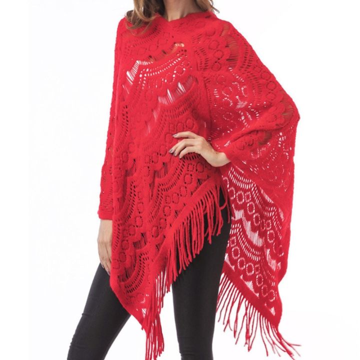 women-hollow-out-crochet-batwing-sweater-cape-pullover-knitted-shawl-scarf-solid-color-tassels-asymmetric-poncho-wrap