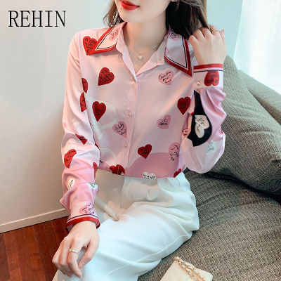 REHIN เสื้อพิมพ์ลายใหม่แฟชั่นสไตล์เกาหลีสำหรับผู้หญิง,เสื้อแขนยาวผ้าชีฟองออกแบบเฉพาะสำหรับฤดูใบไม้ผลิ