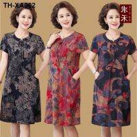 Middle-aged and old fat mother summer wear short-sleeved cotton thick dress middle-aged female cotton silk western style dress 50 60 yards