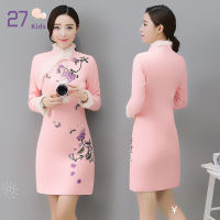 27เด็กผู้หญิงฤดูหนาวชุด Cheongsam ขนแกะที่สง่างามเรียงรายหนาขนาดใหญ่แขนยาวชุด