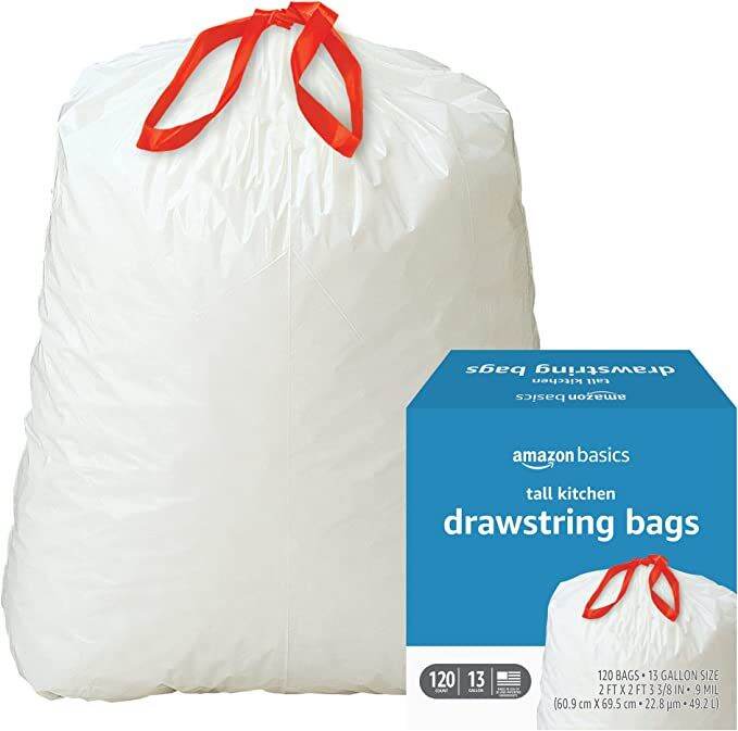Amazon Basics Tall Kitchen Drawstring Trash Bags, 13 Gallon, 120 Count