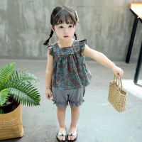 Girls clothes Cute suitเสื้อผ้าเด็กผู้หญิงสูทมีกางเกงกางเกงขาสั้นแขนสั้นดอกไม้ป๊อปเนื้อผ้าสวมใส่ง่ายสบาย1~4ปี