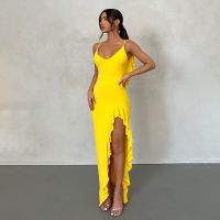 【YF】 hirigin V-neck Ruffle Backless Sleeveless Sling Dress Sexy Split Women Pleated Holiday Gown Summer Fashion Slim Party Club