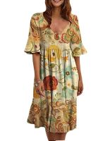 2021 Women Floral print Summer Dresses Summer Short Sleeve V-Neck Beach Midi Dress Casual Plus Size Harajuku Lady Vestidos