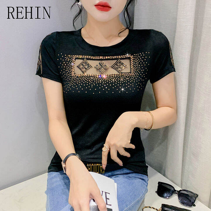 rehin-เสื้อยืดแขนสั้นทรงสี่เหลี่ยมกลวงสำหรับผู้หญิง-เสื้อลูกไม้ปักลายอักษรยอดนิยมเสื้อ-m-3xl-เข้ารูปพอดีฤดูร้อน