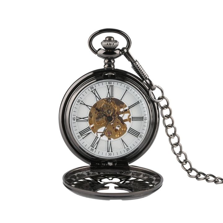 โบราณสีดำ-บรอนซ์กลวงฟินิกซ์แกะสลักกลนาฬิกาพกโรมันโชว์ตัวเลขสายโซ่นาฬิกาย้อนยุคสะสมศิลปะ