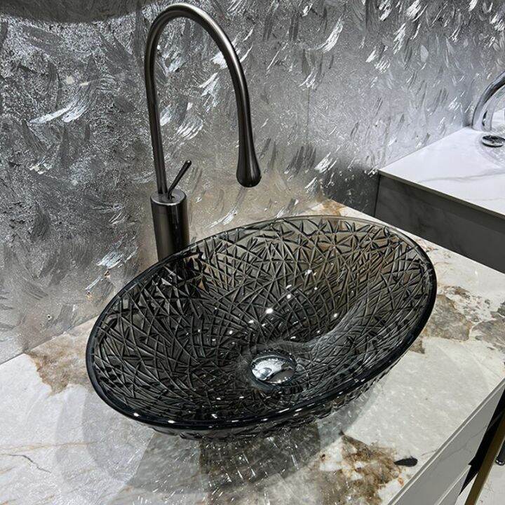 Countertop Sinks Black Oval Diamond Crystal Sink Glass Wash Basin Light