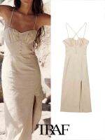 【YF】 TRAF 2023 Women Dress Fashion New Linen Blend Bodysuit Design Feel Open Back Strap Sleeveless Woman Lady Female