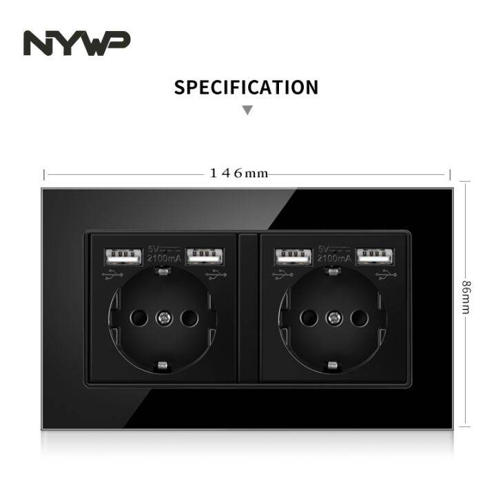 nywp-wall-mounted-glass-panel-16a-power-socket-eu-standard-multi-plug-with-2-usb-charging-ports-hidden-led-indicator