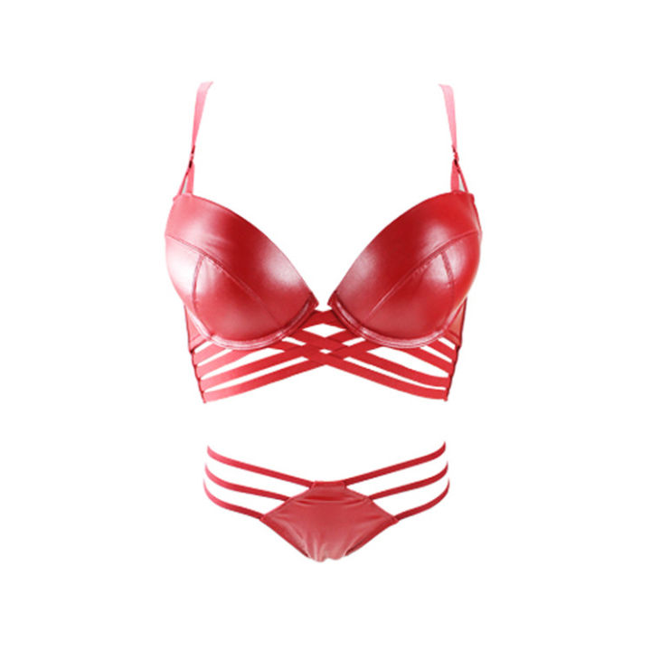 2021Wriufred Super Push Up Sexy Bandage Underwear Fashion Leather Glossy Women Lingerie and Panties Suit BC Cup Ladies Bra Set