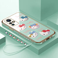 เคสโทรศัพท์สำหรับ Infinix Hot 11/Infinix Zero X Neo ฟรีสายคล้อง + การ์ตูนน่ารัก Hello Kitty สำหรับสาวขอบสี่เหลี่ยมรูปแบบปลอกชุบเคสโทรศัพท์หรูหราชุบนุ่มเคสโทรศัพท์