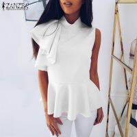 MOMONACO ZANZEA เสื้อคอปกตั้งฤดูร้อนสำหรับผู้หญิง Ruffle Swing เสื้อแขนกุด Solid Top Plus #15