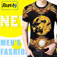 RUNAY แขนสั้นเสื้อยืดผู้ชาย2023ใหม่ฤดูร้อนรอบคอหลวมพิมพ์คมชัดแฟชั่นผู้ชายแบรนด์ Ins เกาหลีแจ็คเก็ตลำลองสำหรับบุรุษ