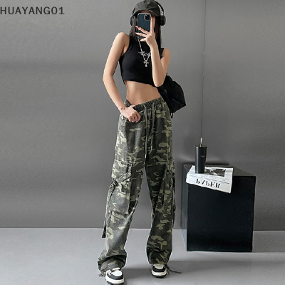 HUAYANG01 2023กางเกงคาร์โก้ลายพรางลำลองผู้หญิง,กางเกงเอวกลางขากว้าง Y2k กระเป๋าชุดสตรีทฮิปฮอปกางเกงขอบยางยืด