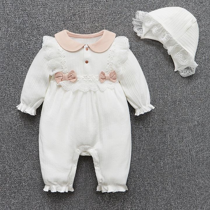 เสื้อผ้าเด็กทารกหญิงแรกเกิดลูกไม้มีระบายชุดจั๊มสูทเจ้าหญิงแขนยาว-sp-ชุดชั้นนอกของเด็กทารกหญิง-หมวก