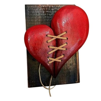 1Pc Red Wood Broken Heart Leather Stitched Wood Sculpture Wall Decor Home Decoration Accessories Decoracion Salon Casa Декор