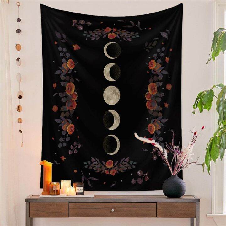 moon-tapestry-wall-hanging-boho-moonlit-plants-garden-tapestry-starry-night-carpet-black-background-floral-tapestry-decor