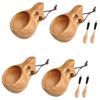 THLCG7 4Pack Nordic Style Wooden Cup Kuksa Cup Portable Outdoor Camping Drinking Mug Wooden Coffee Cup with Wooden Spoon