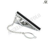 ANGELINO RUFOLO Tie Clip ดีไซน์ Black Line เข็มหนีบเนคไทโรเดียมคุณภาพเยี่ยม สีเงิน/สีดำ