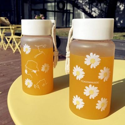 Large Mouth Frosted Daisy Portable Hemp Rope Plastic Water Cup Summer Fashion Girl Casual Water Bottle