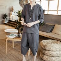 ┅♨✧ hnf531 Chinese-style Flax Short Sleeve Set Men 2020 New Style Cotton Linen Loose-Fit T-shirt Tops Casual Handsome Two-Piece Set