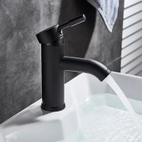 Saeuwtowy Black Short or Tall Basin Faucet Deck Mounted Single Holder One Hole Hot &amp; Cold Mixer Tap Stainless Steel Material