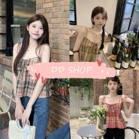 DD SHOPพร้อมส่ง U059 เสื้อสายเดี่ยวไหมพรม สม๊อคหลัง ลายสก๊อต  -C