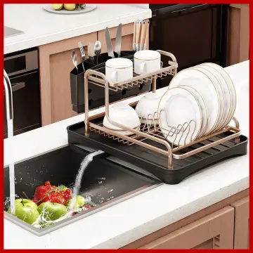 Aluminum Dish Drying Rack, Counter Rustproof Dish Storage with Cutlery  Holder, Removable Drainer Tray, Rose Gold 