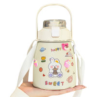 1000 ML Cute Cartoon Big Belly Thermal Bottle With Straw Stainless Steel Thermos Flask Large Capacity Kids School Insulated Cup