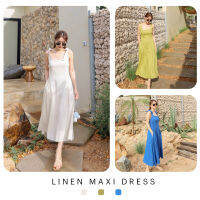 Dosimplething - Linen Maxi Dress - ชุดเดรสผ้าลินินสายผูกโบว์ ปรับได้ตามชอบ ด้านหลังสม๊อค ใส่ wfh หรือไปคาเฟ่ ช้อปปิ้ง