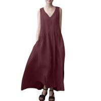 Summer Solid Cotton Dresses For Women Casual Sleeveless Tank Tunic Maxi Dress Loose Swing Boho Beach Sundress Kaftan Vestidos