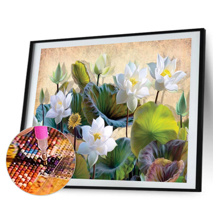 40x30ซม-ภาพวาดเพชรlotus-5dภาพวาดเพชรelegantดอกบัวสีขาวเจาะเต็มรอบภาพหัตถกรรม