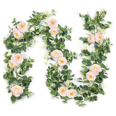2 Pack Eucalyptus Garland with Champagne Rose, Greenery Garland Bulk Artificial Silk Floral Eucalyptus Leaves Vines