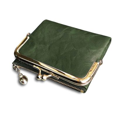 Womens Wallet Short Bifold Retro Multifunction Coin Purse with Zip and Kiss Lock Green PU Leather Female Short Purses
