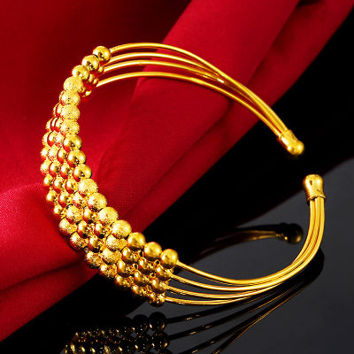 24K Gold color Bracelet for Women Simple Round Beads Shape Bride Bracelets BangleJewelry Yellow Gold 585 Accessories Gifts