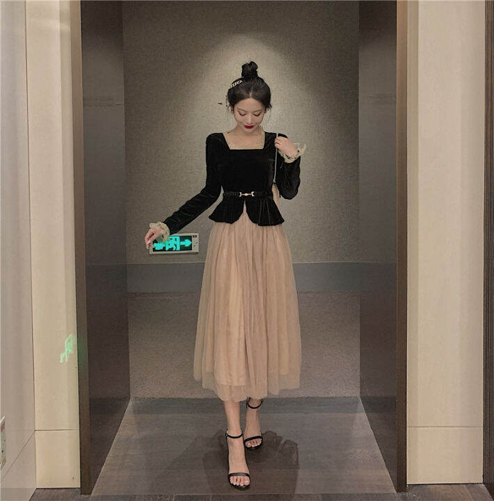 vintage-long-sleeve-square-collar-shirts-black-velvet-coat-top-belt-slim-big-swing-high-waist-mesh-skirt-fashion-korean-chic