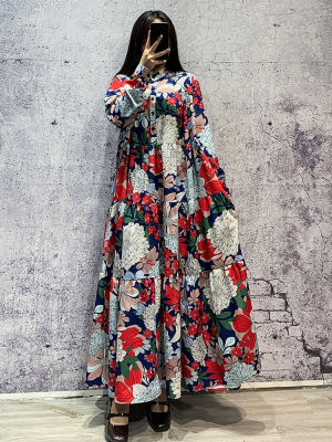 XITAO Dress Vintage Long Sleeve Loose Floral Print Dress
