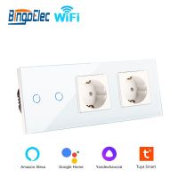 Bingoelec Wifi Wall Touch Switch With Double Normal EU Sockets 1/2/3Gang Light Switches Work With Alexa Tuya Google Home