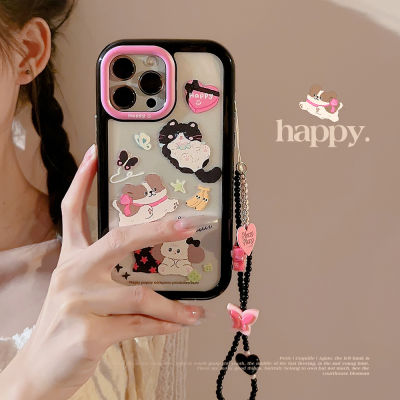 Rlucky เคสโทรศัพท์ลายลูกสุนัขกราฟฟิตี้แป้งสีดำสำหรับ iPhone 14 13 12 11 Pro Max X XR XS Max กรอบโทรศัพท์มือถือแข็งคลุมทั้งหมดกล้องเคสน่ารักเด็กผู้หญิง