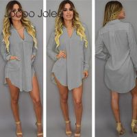 【YF】 Jocoo Jolee Women Fashion V Neck Irregular Chiffon Shirt Dress Casual Solid Long Tops Spring Sleeve Loose Blouse Oversized