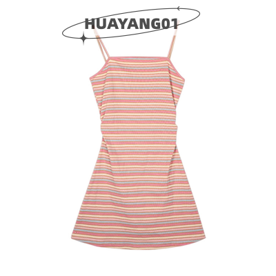 HUAYANG01 [2023 new HOT FASHION] lazlook เดรสสั้นถักแขนกุดลายทางสีรุ้งสำหรับวันหยุดฤดูร้อนของผู้หญิง